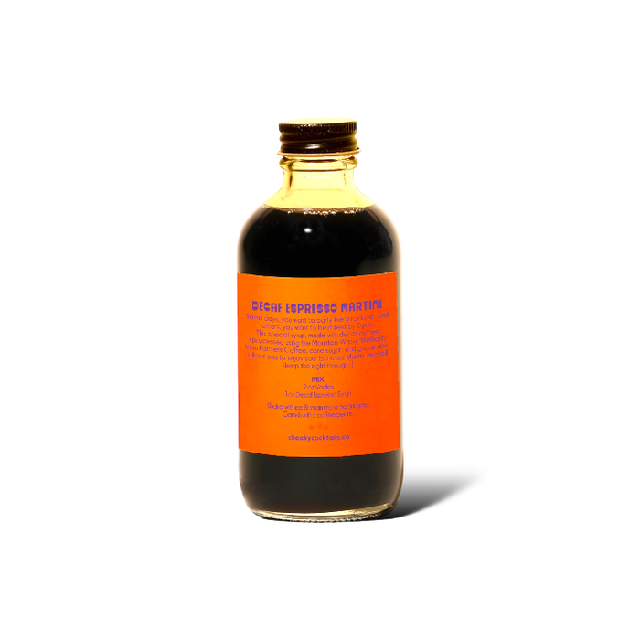 Cheeky Decaf Espresso Syrup back label - Non-Alcoholic Mixology - Proofnomore