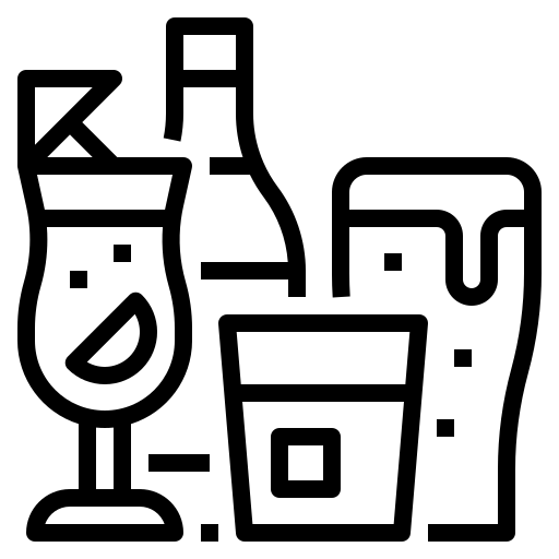 Black and white icon of a glass, bottle, and cup on a white background