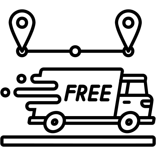Icon of a delivery truck with 'FREE' on the side, connected by lines to location markers.