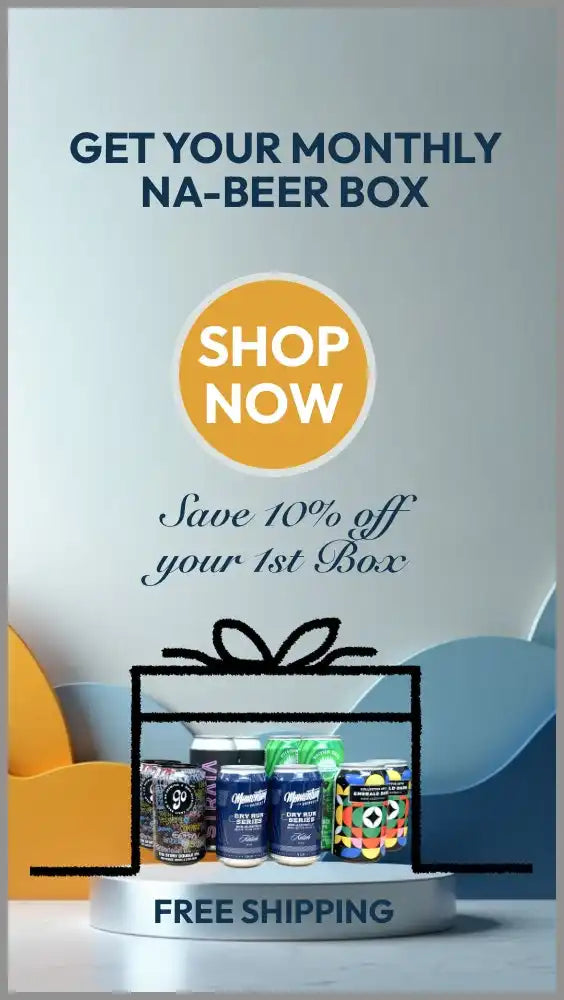 Advertisement for a monthly non-alcoholic beer subscription box with a 10% discount offer and free shipping.