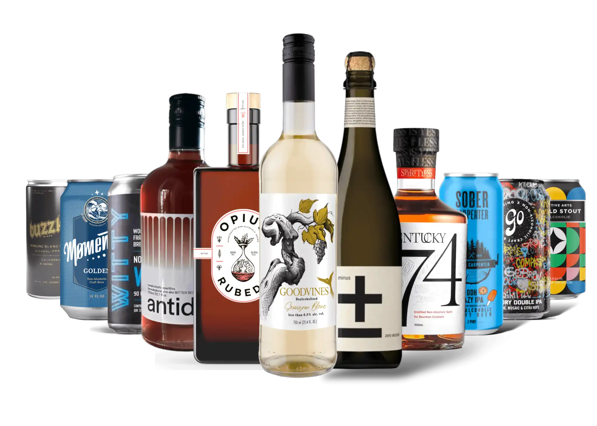 Assorted bottles and cans of non-alcoholic beverages.