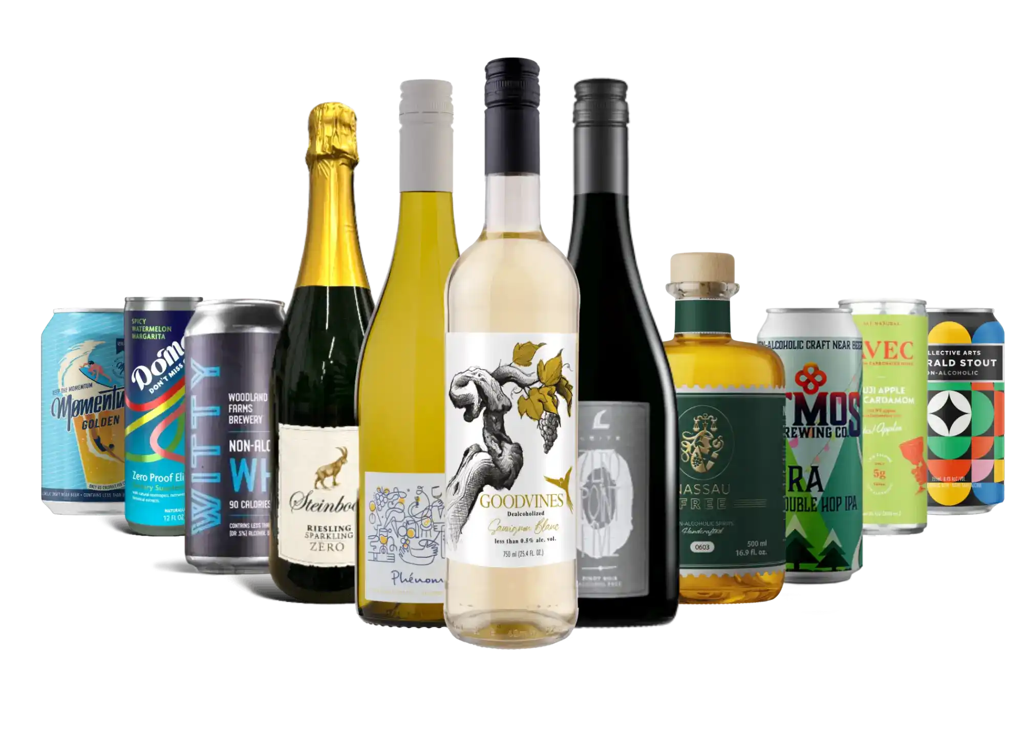 An assortment of alcoholic beverages, including wine, champagne, beer, and spirits.