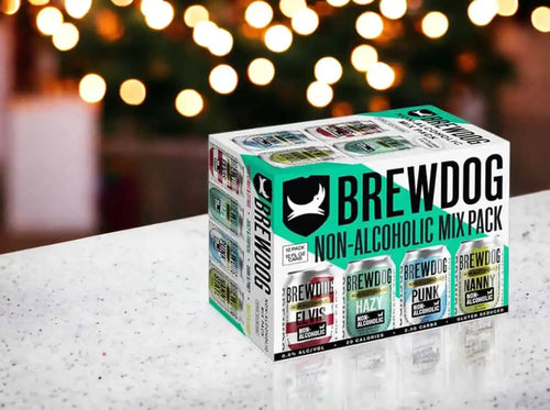 A BrewDog non-alcoholic mix pack of beer cans.