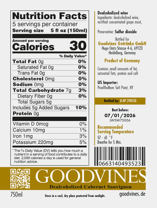 Goodvines Non-Alcoholic Cabernet Sauvignon Back Label