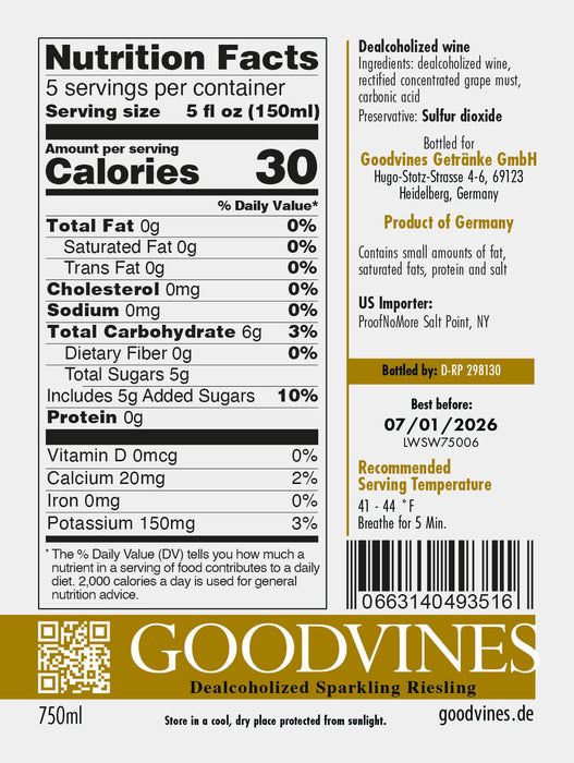 GoodVines Non-Alcoholic Sparkling Riesling Label Back