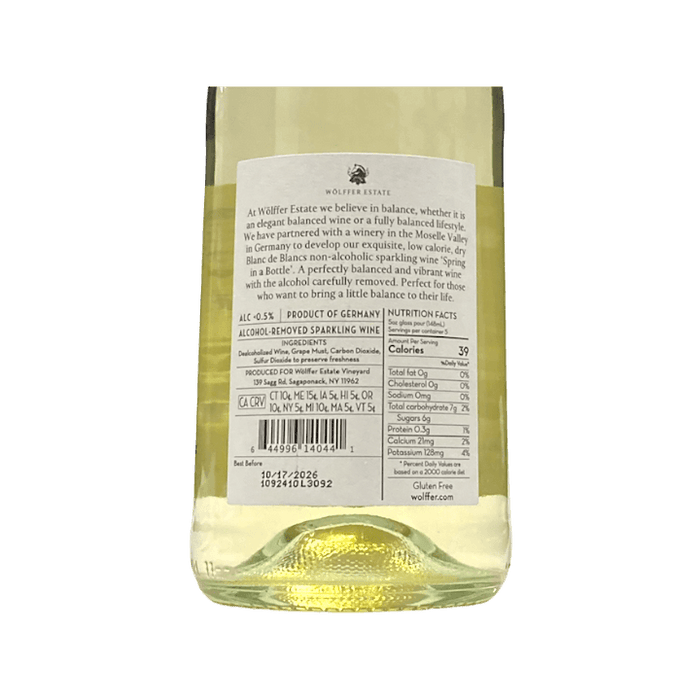 Wolffer Non-Alcoholic Sparkling Blanc de Blancs Back label